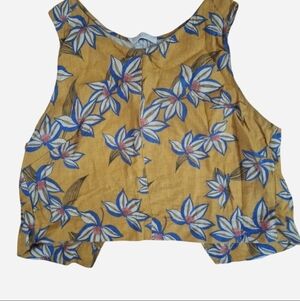 Lush Linen Blend Mustard Yellow Floral Open Back Crop Tank w Blue & White Blooms